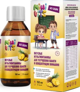 Minivits, Вкусные мультивитамины для улучшения памяти и концентрации внимания, со вкусом ананас, жидкость, 150 мл